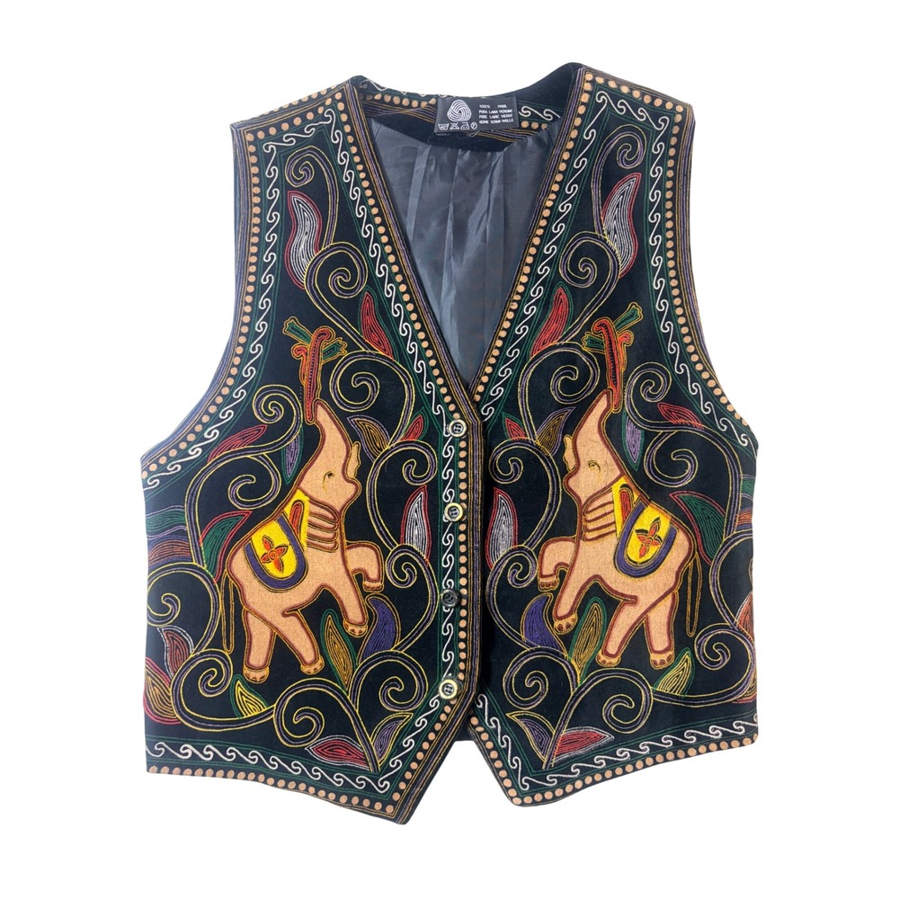 Vintage Japanese Wool Elephant Vest Black Multi Color Boho Folkloric Hippie